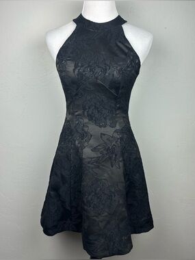 Dress The Population Black Floral Jacquard Open Back Halter Fit Flare Dress S